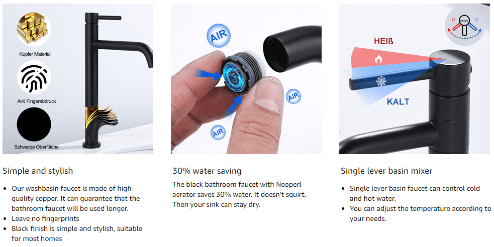 ARCORA 360 Degree Rotation Hot And Cold Tall Black Bathroom Mixer Tap 3 ARCORA 360 Degree Rotation Hot And Cold Tall Black Bathroom Mixer Tap - Single Handle Bathroom Faucets - 3