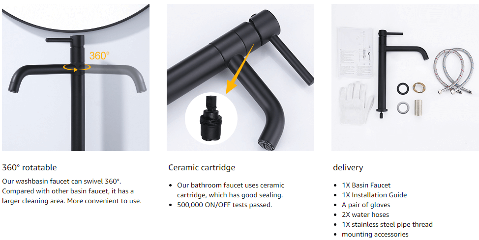 ARCORA 360 Degree Rotation Hot And Cold Tall Black Bathroom Mixer Tap 4 ARCORA 360 Degree Rotation Hot And Cold Tall Black Bathroom Mixer Tap - Single Handle Bathroom Faucets - 4