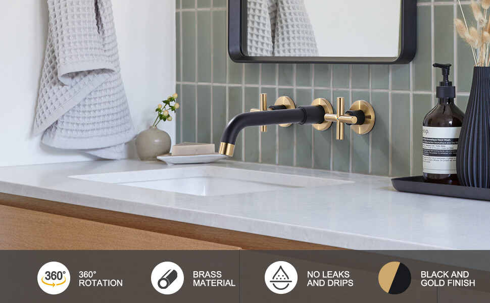 ARCORA Black and Gold 2 Cross Handle Wall Mounted Bathroom Sink Faucet 2 ARCORA Black and Gold 2 Cross Handle Wall Mounted Bathroom Sink Faucet - Wall Mount Bathroom Faucets - 2