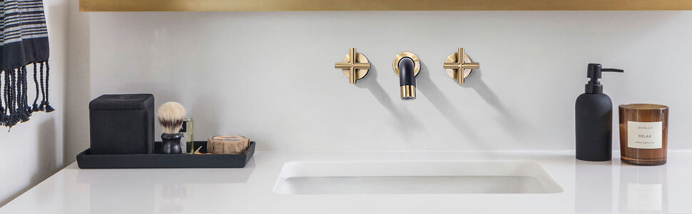 ARCORA Black and Gold 2 Cross Handle Wall Mounted Bathroom Sink Faucet 4 ARCORA Black and Gold 2 Cross Handle Wall Mounted Bathroom Sink Faucet - Wall Mount Bathroom Faucets - 4