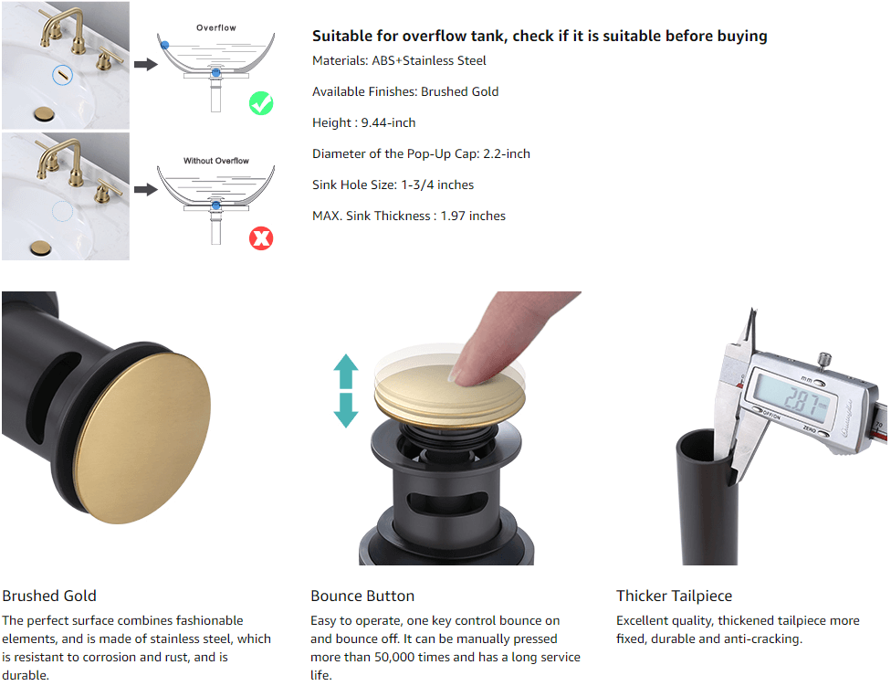 ARCORA Brushed Gold Bathroom Sink Drain with Overflow 3 ARCORA Brushed Gold Bathroom Sink Drain with Overflow - Faucet Accessories - 3