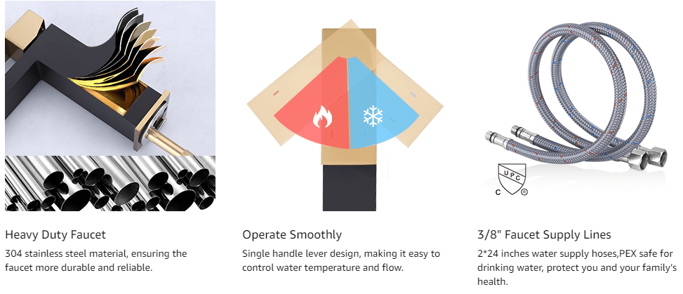 ARCORA Modern Black and Gold Bathroom Sink Faucet with Drain for 1 Or 3 Hole 4 ARCORA Modern Black and Gold Bathroom Sink Faucet with Drain for 1 Or 3 Hole - Hot Bathroom Faucets - 4