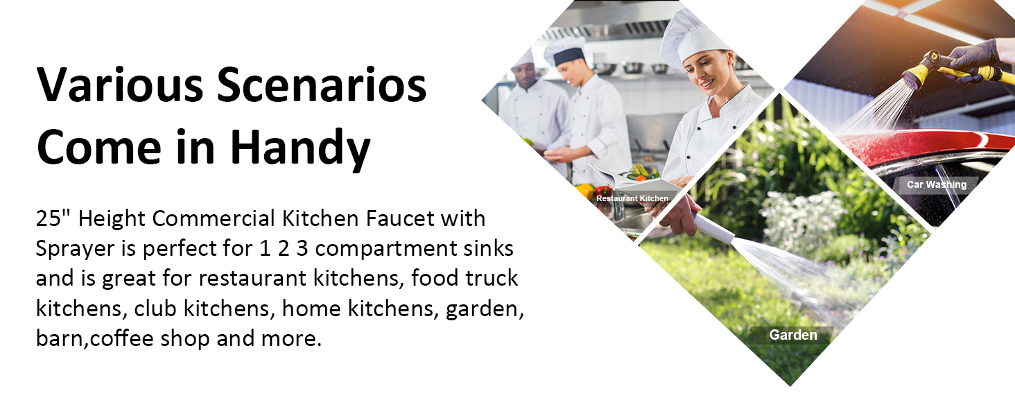 8 Inch Center Wall Mount Kitchen Commercial Sink Faucet with 9.6" Add-on Swing Spout 25" Height Faucet with Pull Down Spray 4 8 Inch Center Wall Mount Kitchen Commercial Sink Faucet with 9.6