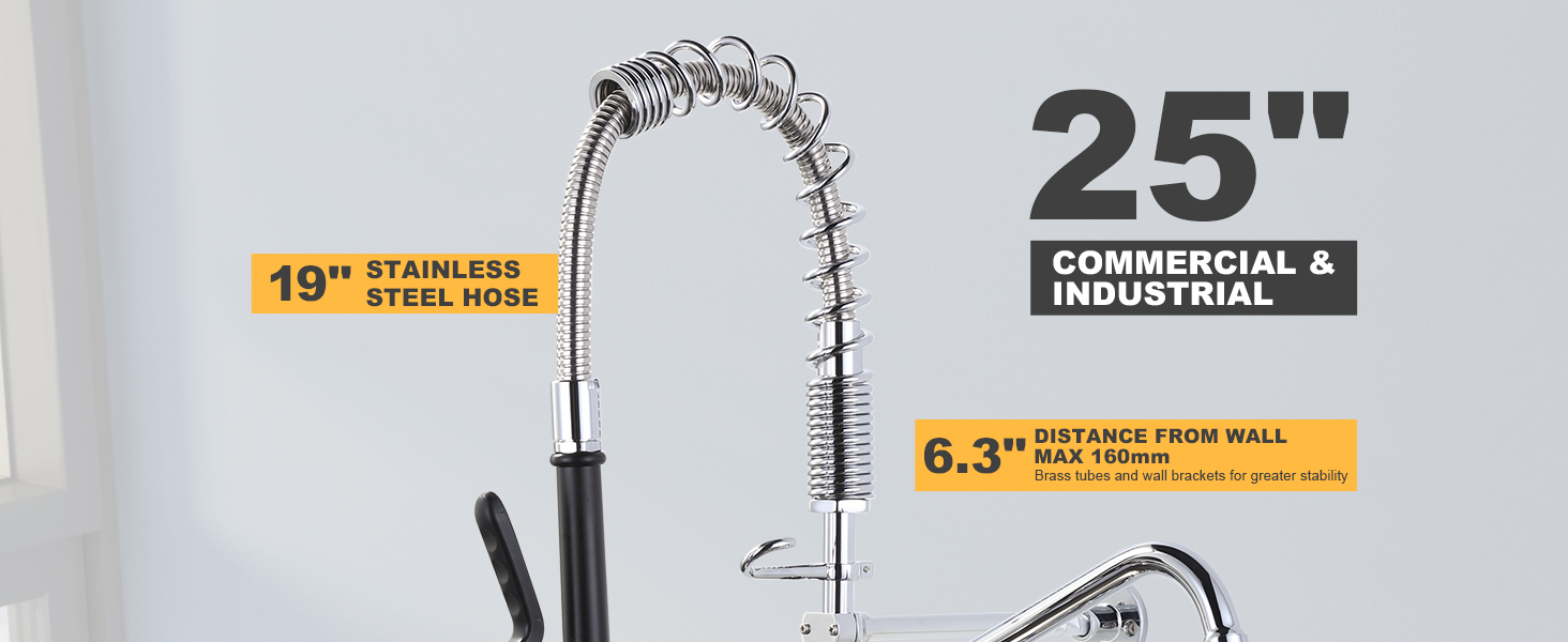 8 Inch Center Wall Mount Kitchen Commercial Sink Faucet with 9.6" Add-on Swing Spout 25" Height Faucet with Pull Down Spray 1 8 Inch Center Wall Mount Kitchen Commercial Sink Faucet with 9.6