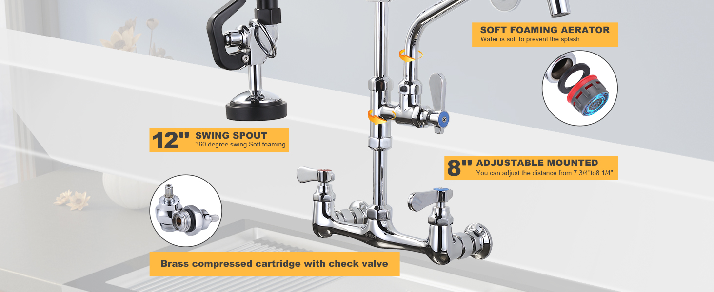 8 Inch Center Wall Mount Kitchen Commercial Sink Faucet with 9.6" Add-on Swing Spout 25" Height Faucet with Pull Down Spray 2 8 Inch Center Wall Mount Kitchen Commercial Sink Faucet with 9.6