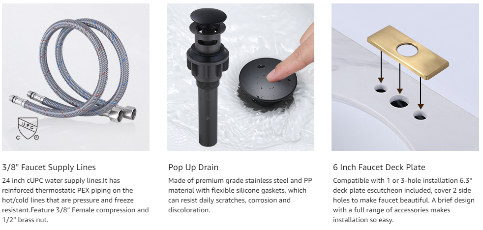 ARCORA Single Handle Black&Gold Waterfall Bathroom Sink Faucet with Pop Up Drain and Supply Lines 4 ARCORA Single Handle Black&Gold Waterfall Bathroom Sink Faucet with Pop Up Drain and Supply Lines - Single Handle Bathroom Faucets - 4