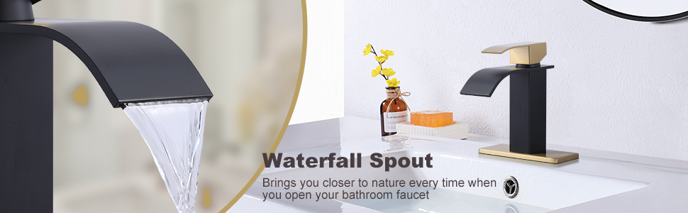 ARCORA Single Handle Black&Gold Waterfall Bathroom Sink Faucet with Pop Up Drain and Supply Lines 2 ARCORA Single Handle Black&Gold Waterfall Bathroom Sink Faucet with Pop Up Drain and Supply Lines - Single Handle Bathroom Faucets - 2