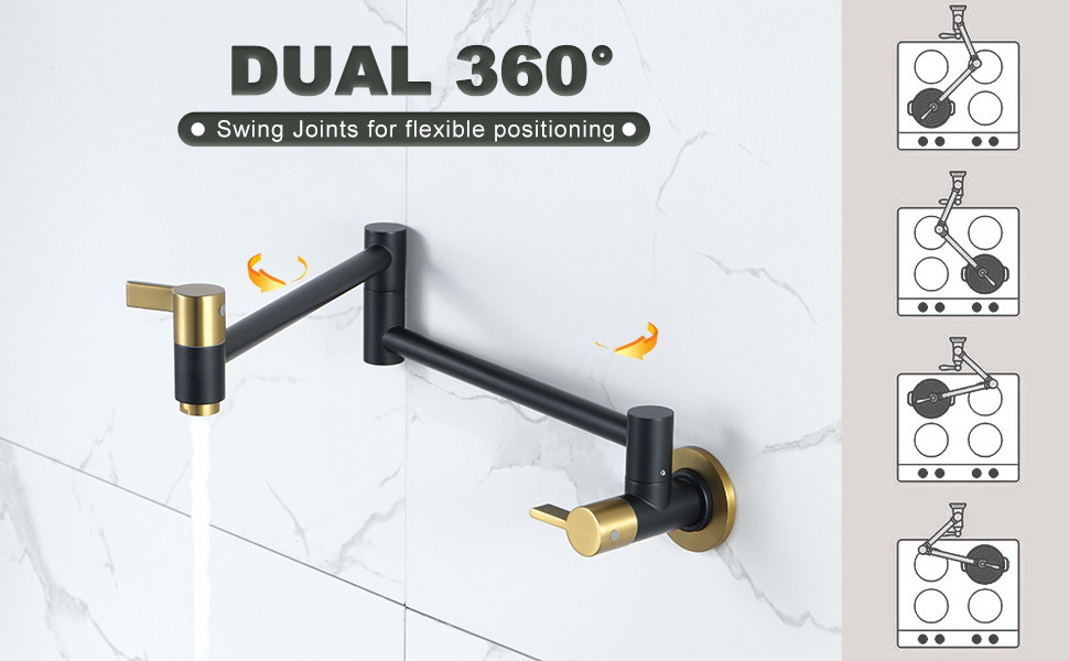 ARCORA Modern Black and Gold Pot Filler Wall Mount Folding Faucet with Double Joint Swing Arms 3 ARCORA Modern Black and Gold Pot Filler Wall Mount Folding Faucet with Double Joint Swing Arms - Pot Filler Kitchen Faucets - 3