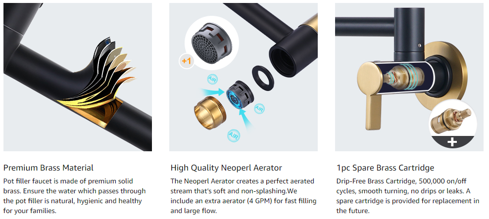 ARCORA Modern Black and Gold Pot Filler Wall Mount Folding Faucet with Double Joint Swing Arms 4 ARCORA Modern Black and Gold Pot Filler Wall Mount Folding Faucet with Double Joint Swing Arms - Pot Filler Kitchen Faucets - 4