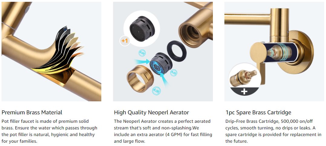 ARCORA Modern Brushed Gold Pot Filler Wall Mount Folding Faucet with Double Joint Swing Arms 4 ARCORA Modern Brushed Gold Pot Filler Wall Mount Folding Faucet with Double Joint Swing Arms - Hot Kitchen Faucets - 4