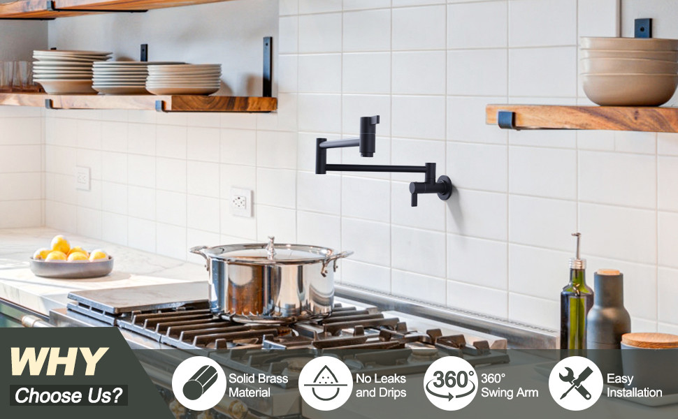 ARCORA Modern Two Handle Matte Black Pot Filler Wall Mount Folding Faucet with Double Joint Swing Arms 2 ARCORA Modern Two Handle Matte Black Pot Filler Wall Mount Folding Faucet with Double Joint Swing Arms - Pot Filler Kitchen Faucets - 2