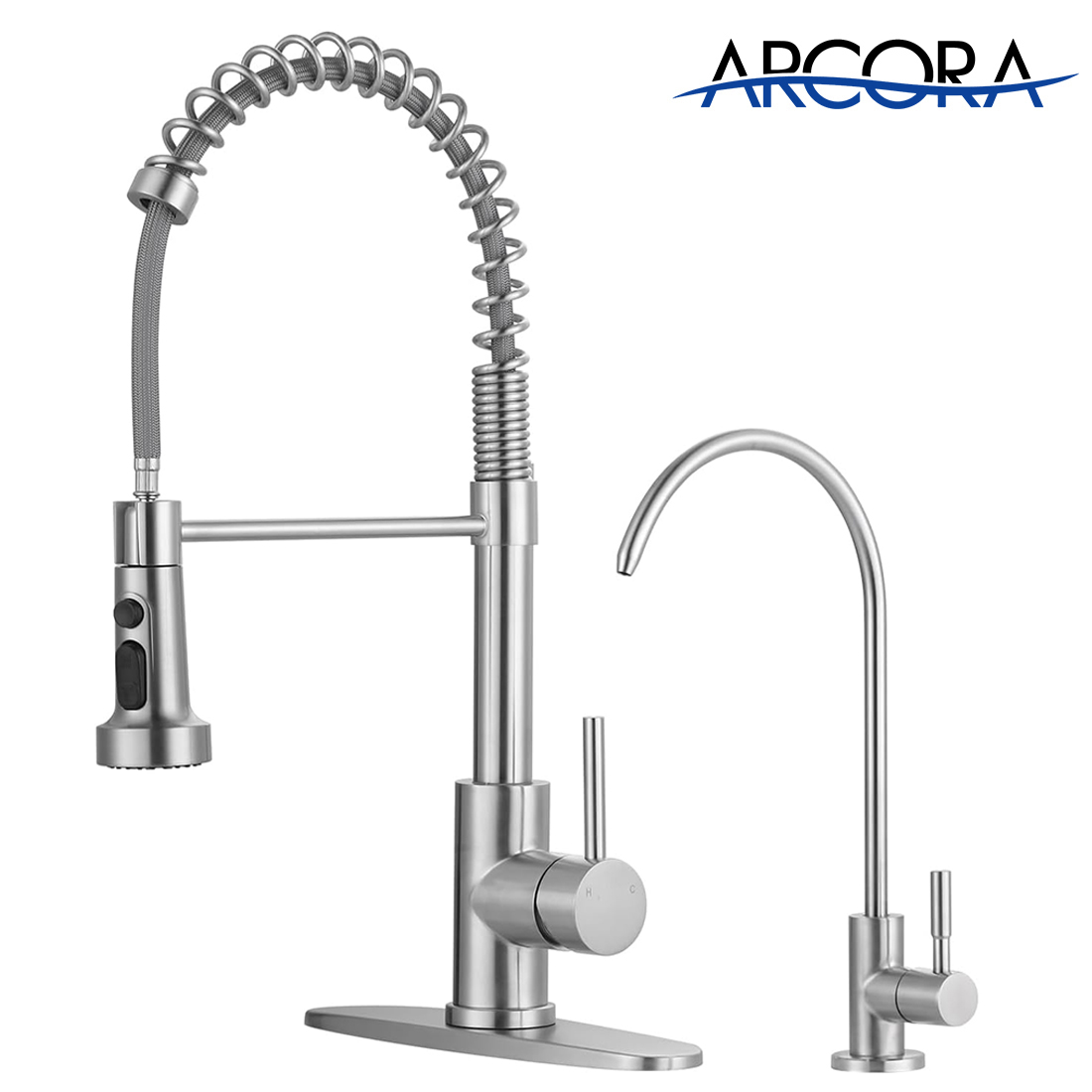ARCORA Brushed Nickel Commercial Pull Down Kitchen Sink Faucet and Water Filter Faucet Combo