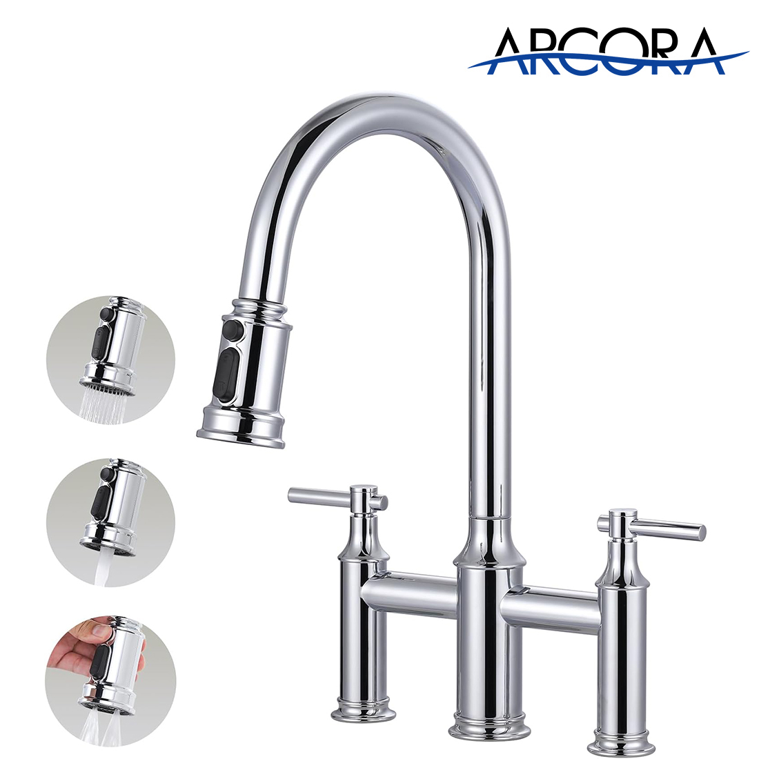 ARCORA Chrome Brass Bridge Faucet with Pull Down Sprayer for Farmhouse RV Laundry