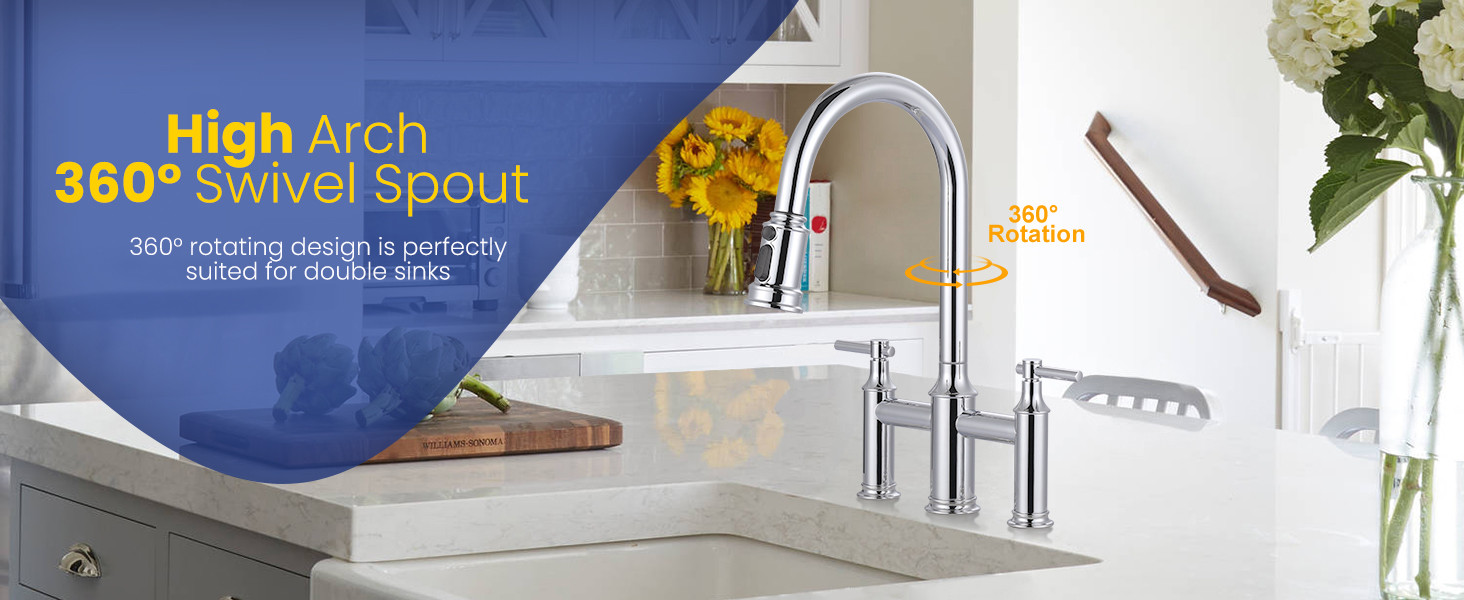 ARCORA Chrome Brass Bridge Faucet with Pull Down Sprayer for Farmhouse RV Laundry 5 ARCORA Chrome Brass Bridge Faucet with Pull Down Sprayer for Farmhouse RV Laundry - Pull Down Kitchen Faucets - 5