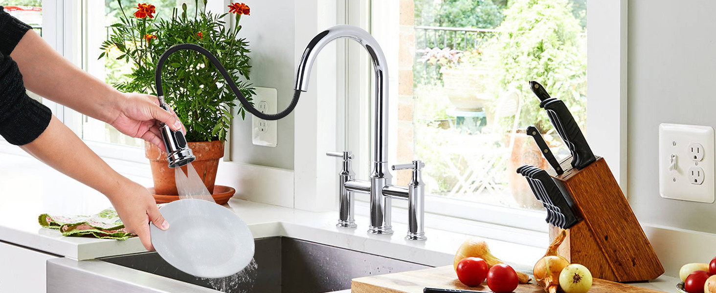 ARCORA Chrome Brass Bridge Faucet with Pull Down Sprayer for Farmhouse RV Laundry 9 ARCORA Chrome Brass Bridge Faucet with Pull Down Sprayer for Farmhouse RV Laundry - Pull Down Kitchen Faucets - 9