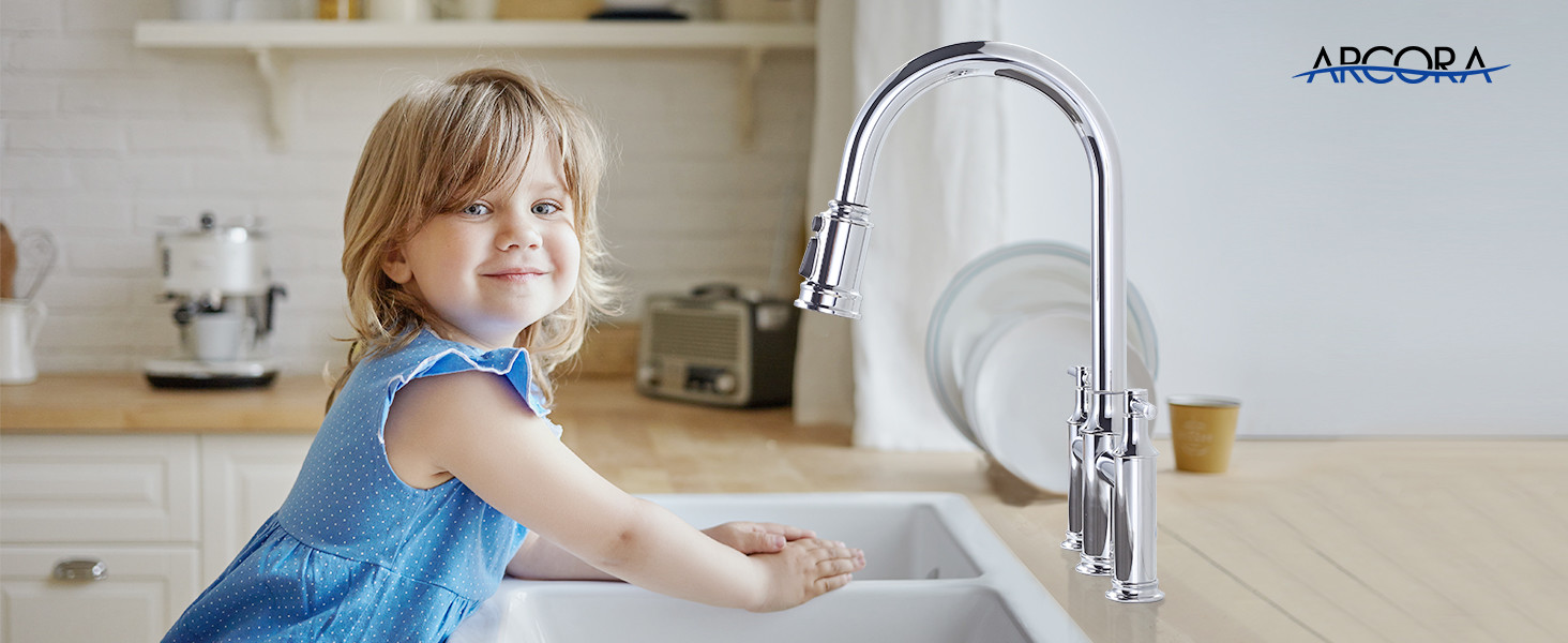 ARCORA Chrome Brass Bridge Faucet with Pull Down Sprayer for Farmhouse RV Laundry 2 ARCORA Chrome Brass Bridge Faucet with Pull Down Sprayer for Farmhouse RV Laundry - Pull Down Kitchen Faucets - 2