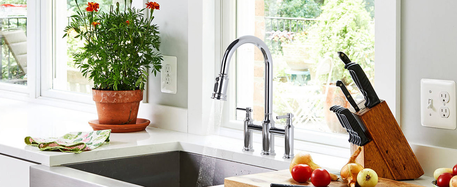 ARCORA Chrome Brass Bridge Faucet with Pull Down Sprayer for Farmhouse RV Laundry 3 ARCORA Chrome Brass Bridge Faucet with Pull Down Sprayer for Farmhouse RV Laundry - Pull Down Kitchen Faucets - 3