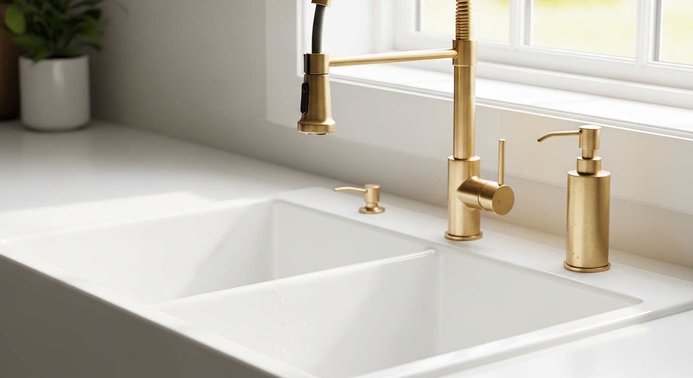 brushed gold faucet with soap dispenser