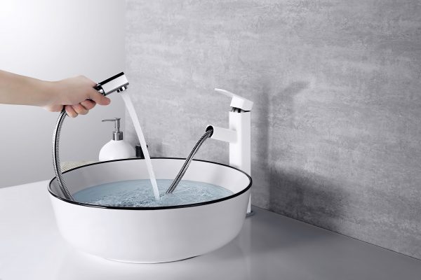 arcora white bathroom vessel sink faucet lavatory single hole single handle tall basin sink faucet with pull out sprayer and rotating spout 1 scaled