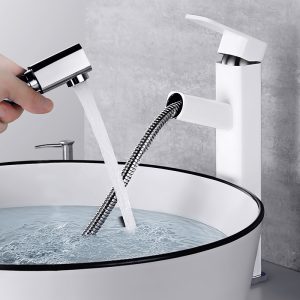 Arcora White Bathroom Vessel Sink Faucet, Lavatory Single Hole Single Handle Tall Basin Sink Faucet with Pull Out Sprayer and Rotating Spout