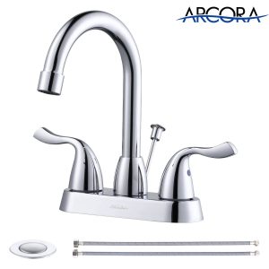 ARCORA 4 Inch Centerset Chrome Bathroom Sink Faucet with Drain Assembly and Supply Hoses