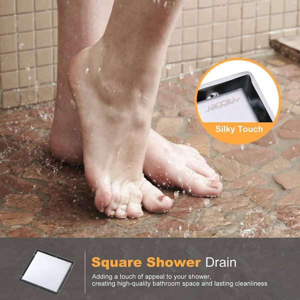 arcora 6 inch square brushed nickel shower floor drain with removable tile insert grate