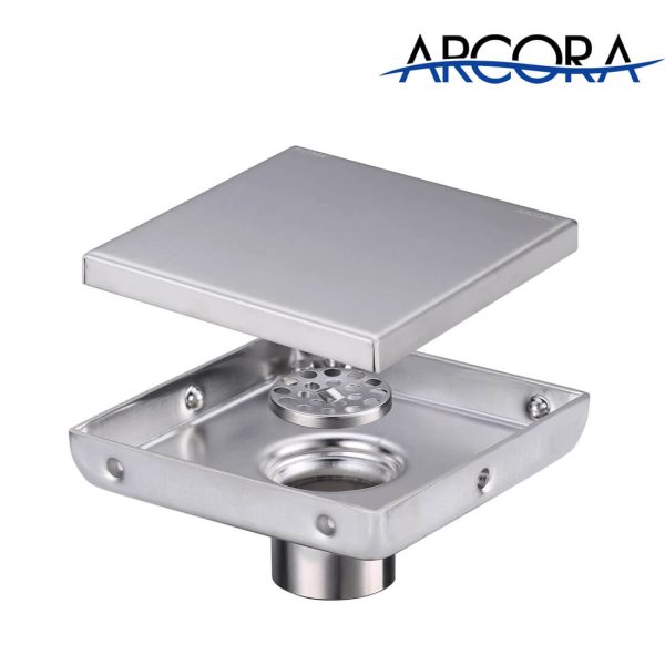 arcora 6 inch square brushed nickel shower floor drain with removable tile insert grate