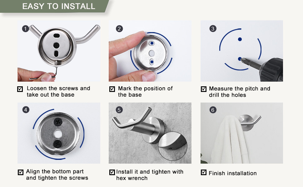 ARCORA Brushed Nickel Towel Hooks, Double Robe Hooks, Heavy Duty Wall Hooks - Bathroom Accessories - 6