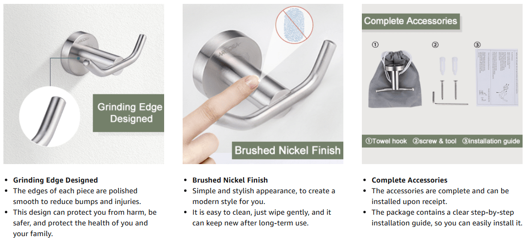 ARCORA Brushed Nickel Towel Hooks, Double Robe Hooks, Heavy Duty Wall Hooks - Bathroom Accessories - 4