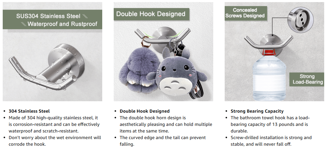 ARCORA Brushed Nickel Towel Hooks, Double Robe Hooks, Heavy Duty Wall Hooks - Bathroom Accessories - 5