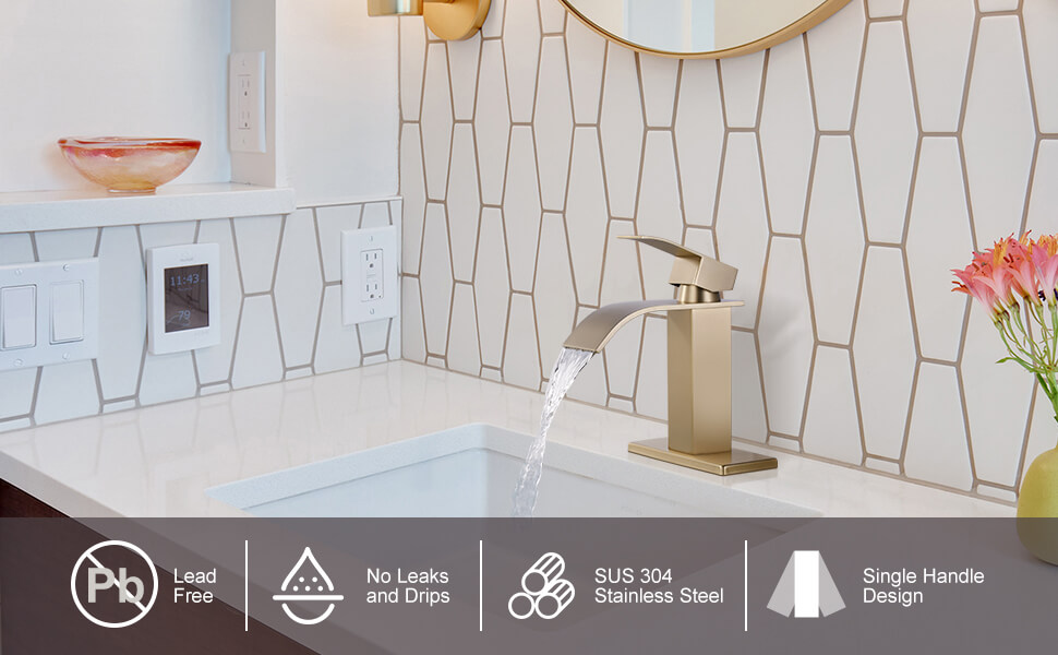 ARCORA Single Handle Brushed Gold Waterfall Bathroom Faucet - 1 or 3 Hole - Single Handle Bathroom Faucets - 1