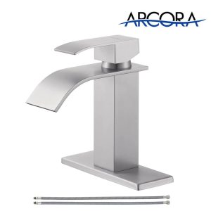 ARCORA Brushed Nickel Waterfall Bathroom Faucet with Deck Plate (1 Hole or 3 Hole)