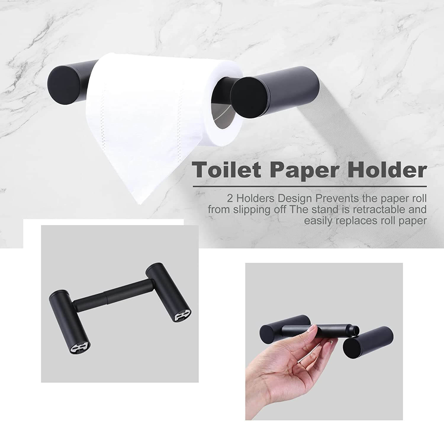 Aviano 4-Piece Bathroom Hardware Set - Matte Black Towel Bar, Toilet Paper Holder, Robe Hook & More