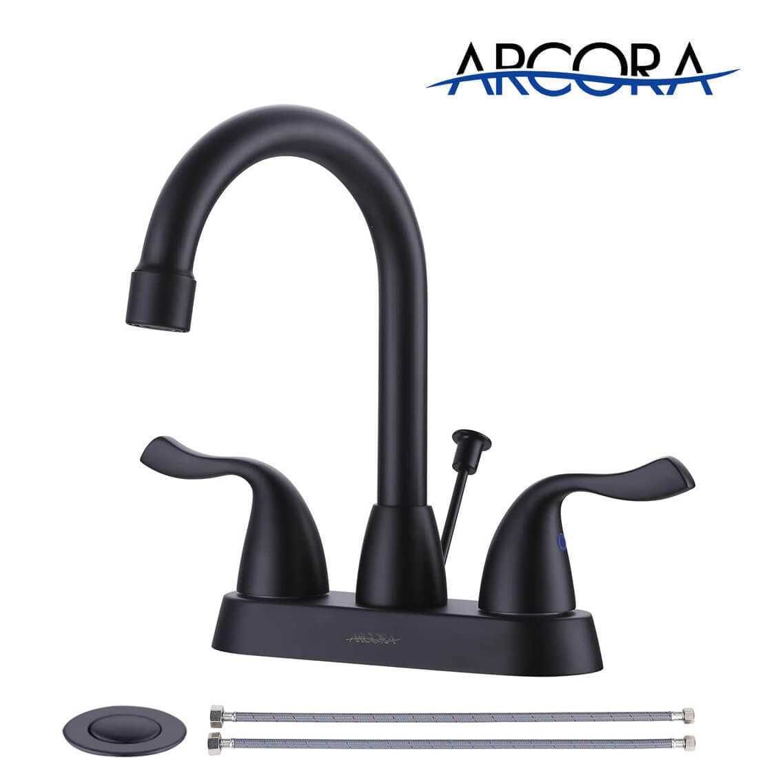 ARCORA Matte Black Centerset Bathroom Faucet with Drain Assembly and Supply Hoses