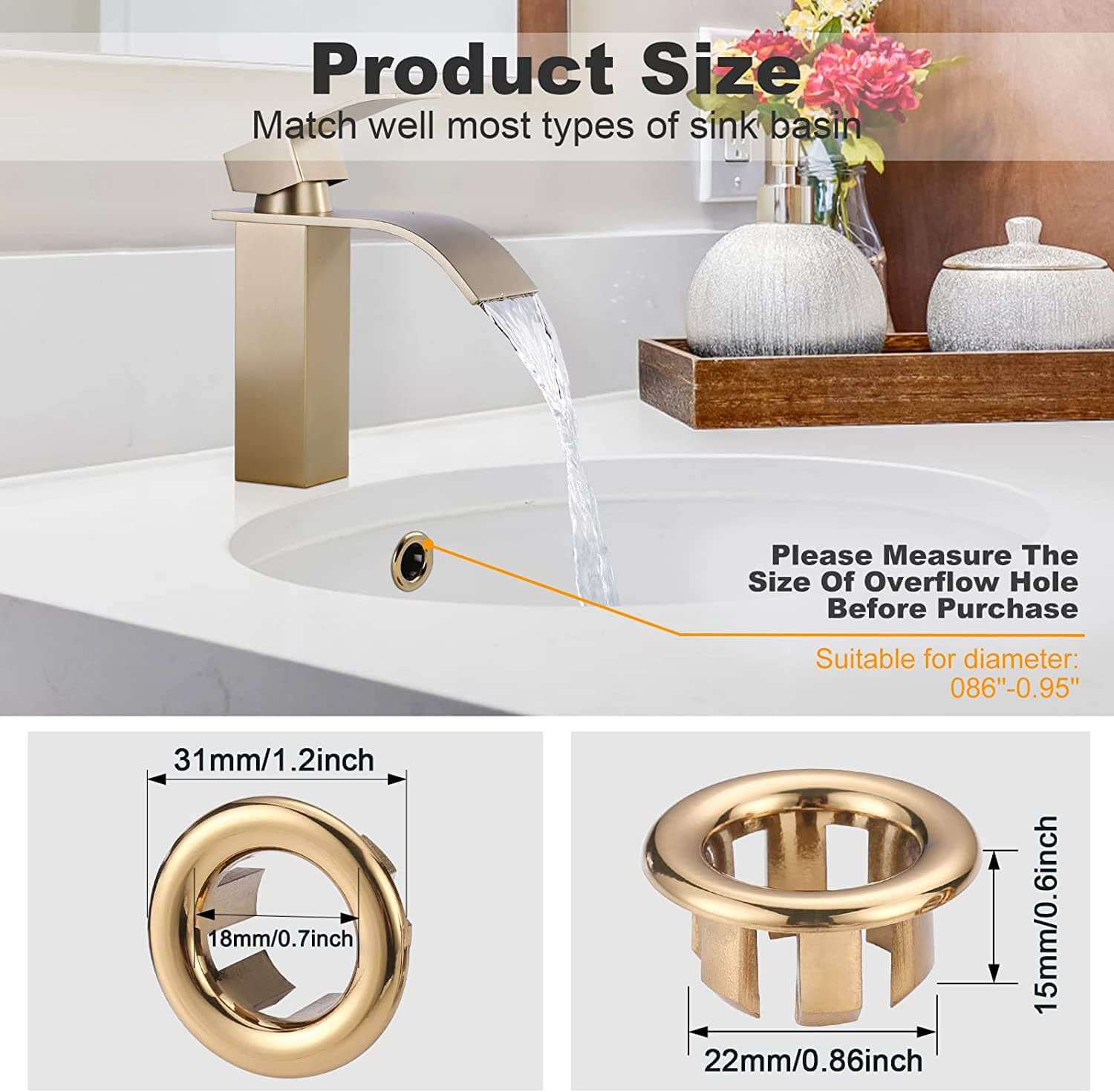 JZK 2x Replacement Gold Copper Metal Ring Overflow Basin Bathroom