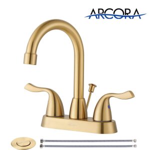 ARCORA 2 Handle Brushed Gold Centerset Bathroom Faucet with Drain Assembly and Supply Hoses