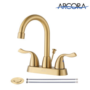 ARCORA 2 Handle Brushed Gold Centerset Bathroom Faucet with Drain Assembly and Supply Hoses
