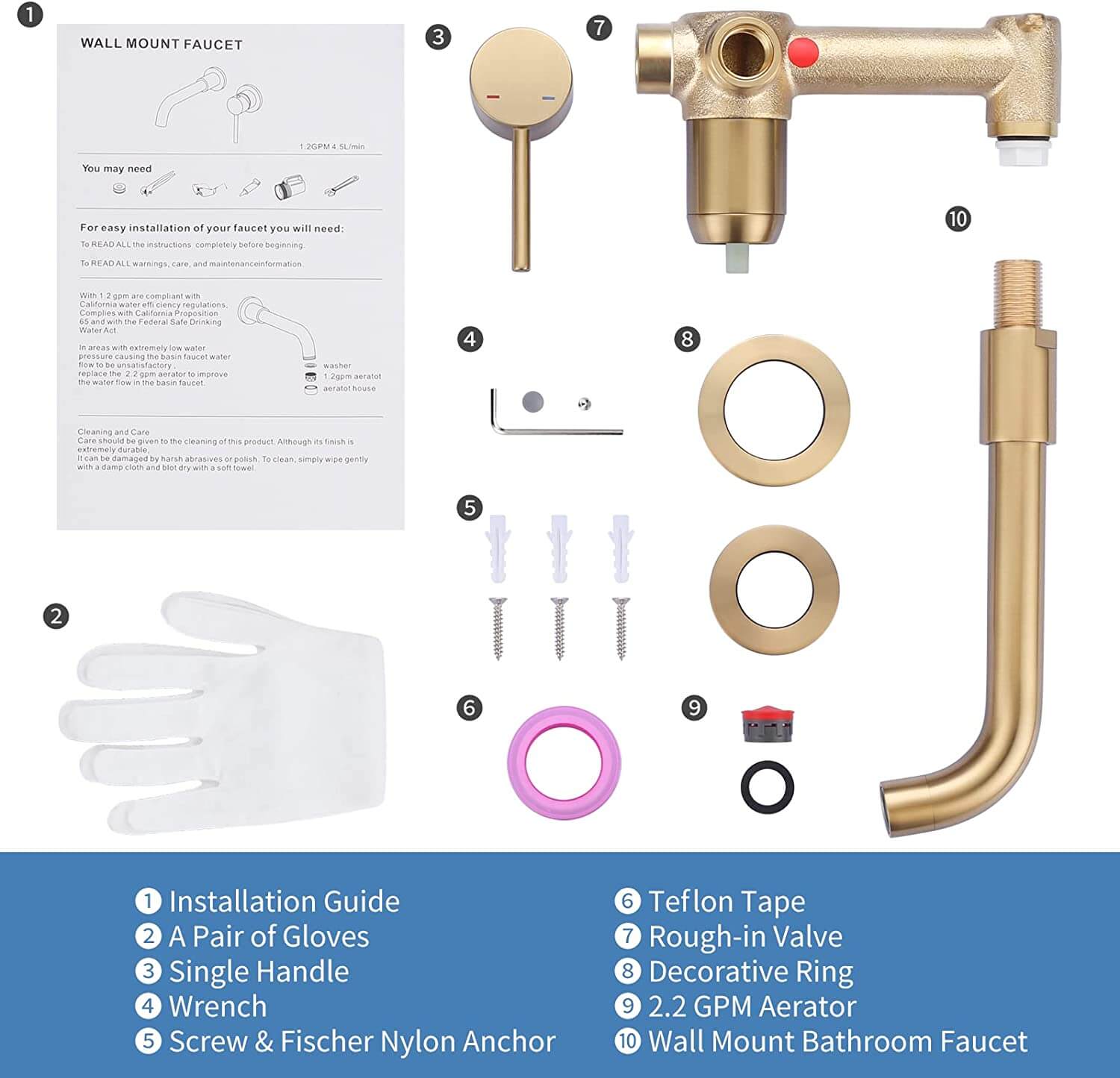 ARCORA Single Handle Brushed Gold Wall Mounted Bathroom Sink Faucet ARCORA FAUCETS