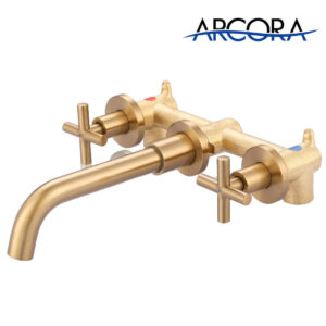 ARCORA 2 Cross Handle Brushed Gold Wall Mounted Bathroom Sink Faucet