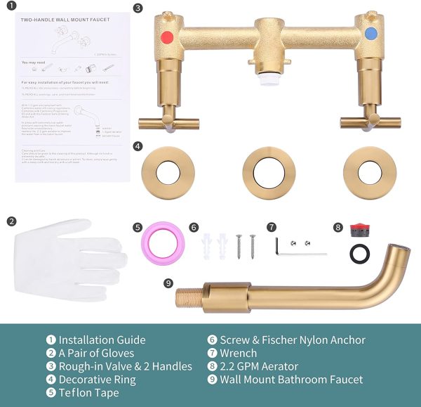 arcora 2 cross handle brushed gold wall mounted bathroom sink faucet 1