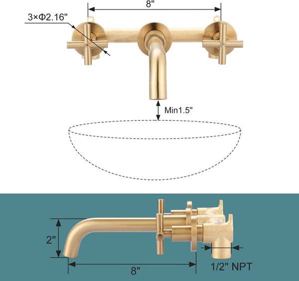 arcora 2 cross handle brushed gold wall mounted bathroom sink faucet 2