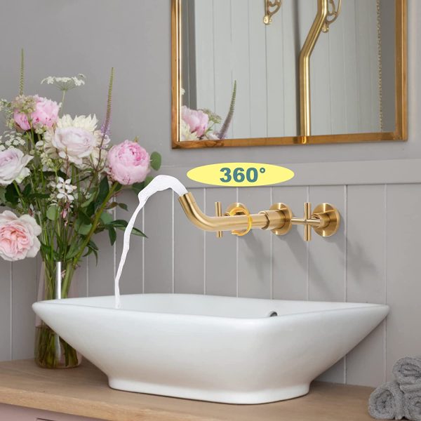 arcora 2 cross handle brushed gold wall mounted bathroom sink faucet 5