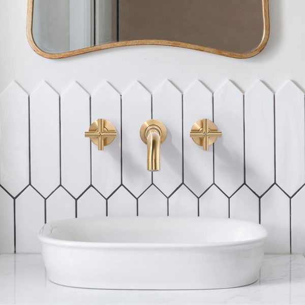 arcora 2 cross handle brushed gold wall mounted bathroom sink faucet 7