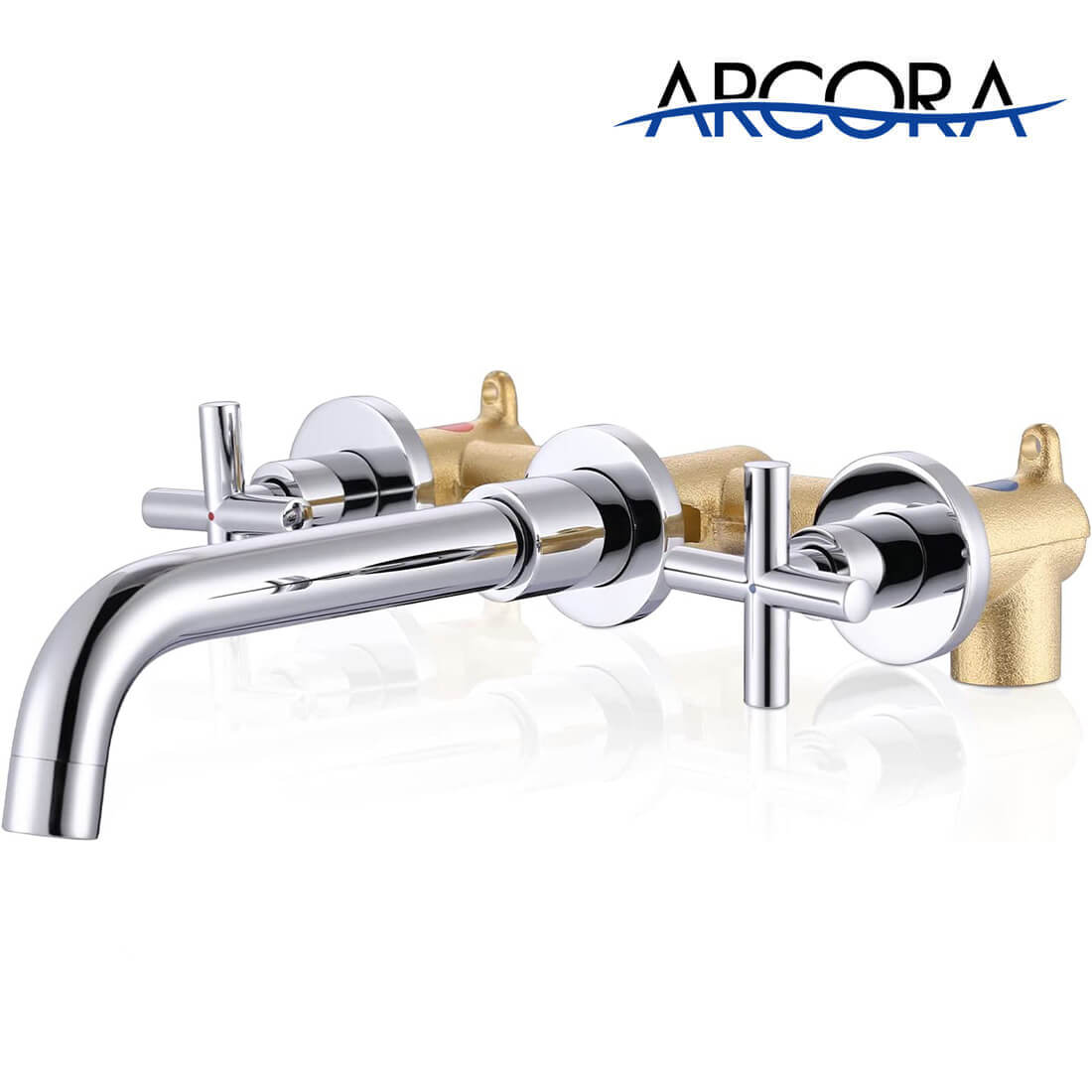 ARCORA 2 Cross Handle Chrome Wall Mounted Bathroom Sink Faucet Rough in Valve Included