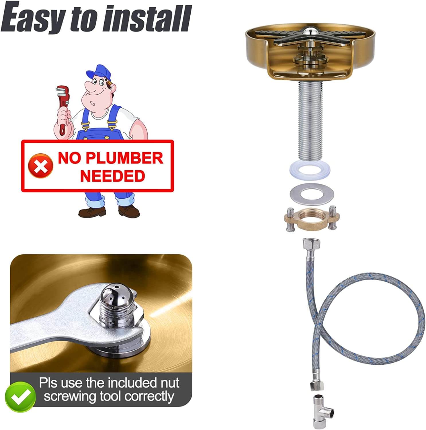 ARCORA Brushed Gold Stainless Steel Glass Rinser For Kitchen Sinks