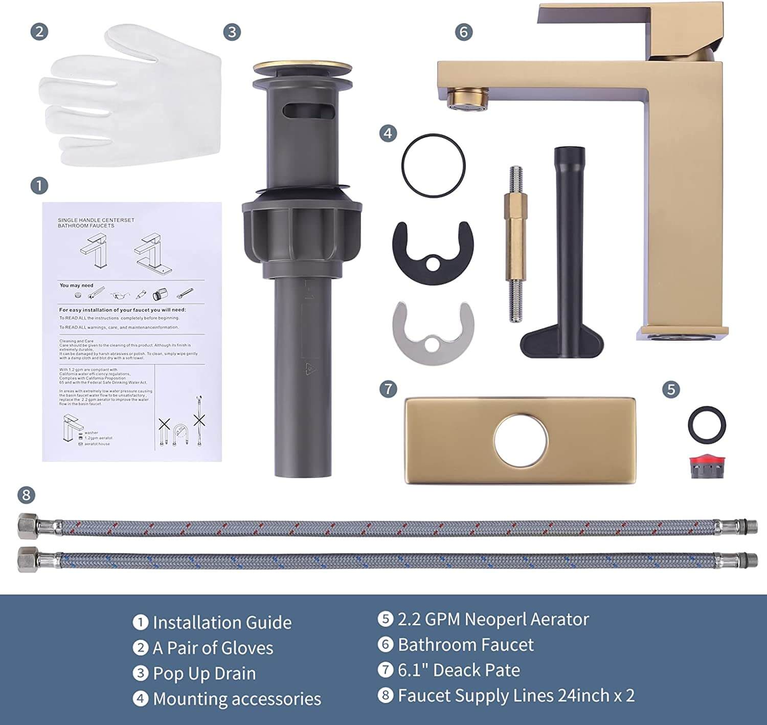WiPPhs Brushed Gold Bathroom Sink Faucet - Centerset 2 Handle, 4" Installation, With Pop Up Drain & Supply Lines - View #5