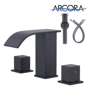 ARCORA 8 Inch Black Widespread Waterfall Bathroom Sink Faucet with Drain and Supply Lines
