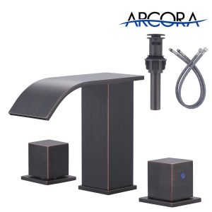 ARCORA 8 Inch Oil Rubbed Bronze Widespread Waterfall Bathroom Sink Faucet with Drain and Supply Lines