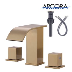 ARCORA 8 Inch Widespread Brushed Gold Waterfall Bathroom Faucet with Pop Up Drain and cUPC Supply Lines