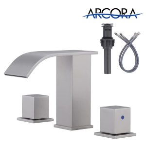 ARCORA 8 Inch Widespread Brushed Nickel Waterfall Bathroom Faucet with Pop Up Drain and cUPC Supply Lines